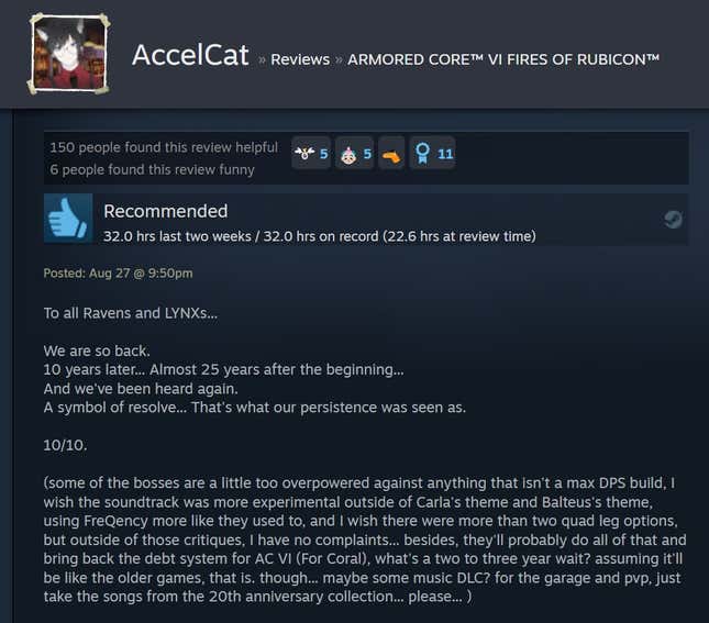 Image de l'article intitulé Armored Core VI, tel que raconté par Steam Reviews